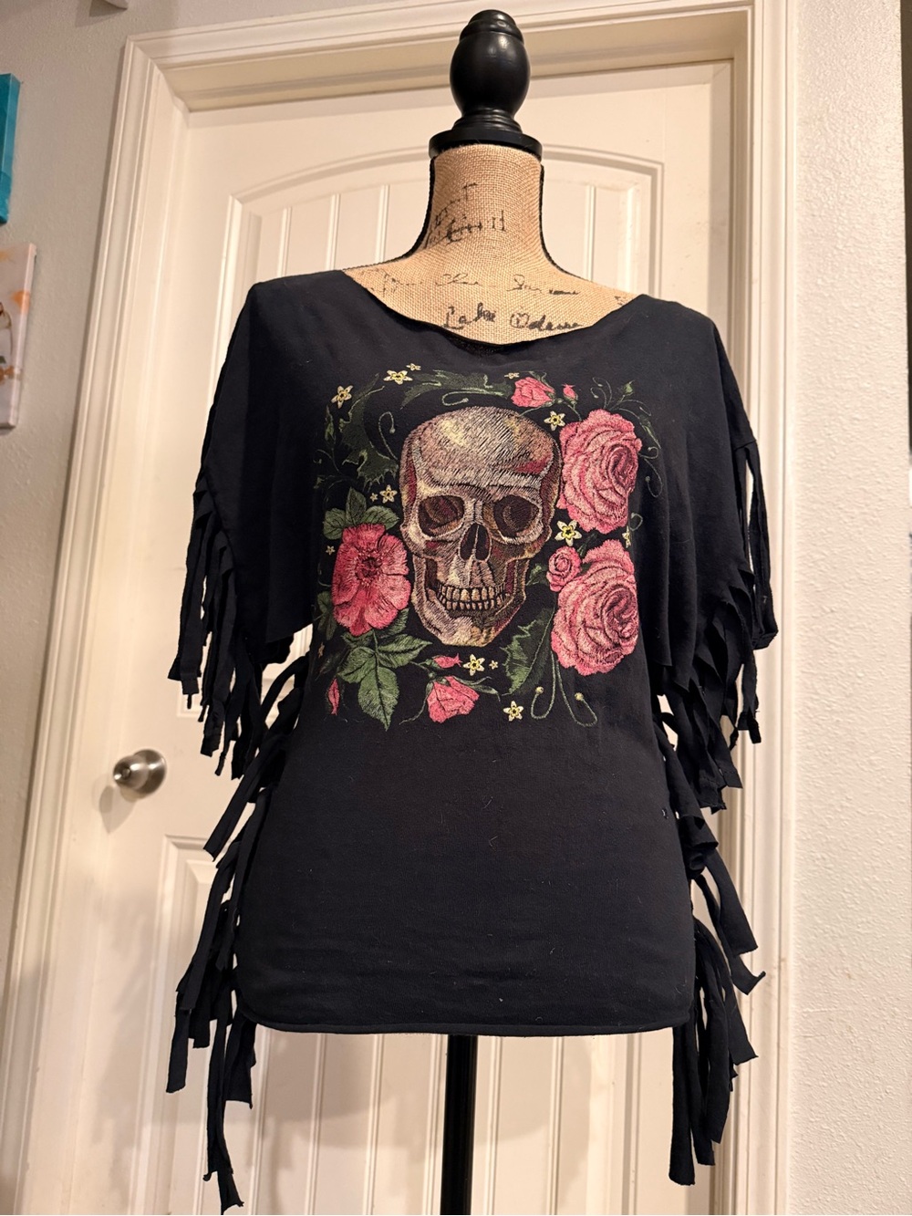 Black Fringe Women’s Top with Skull & Rose Graphic